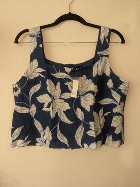 NWT Gap Linen Rayon Blend Blue And White Floral Cropped Tank Top Size Small